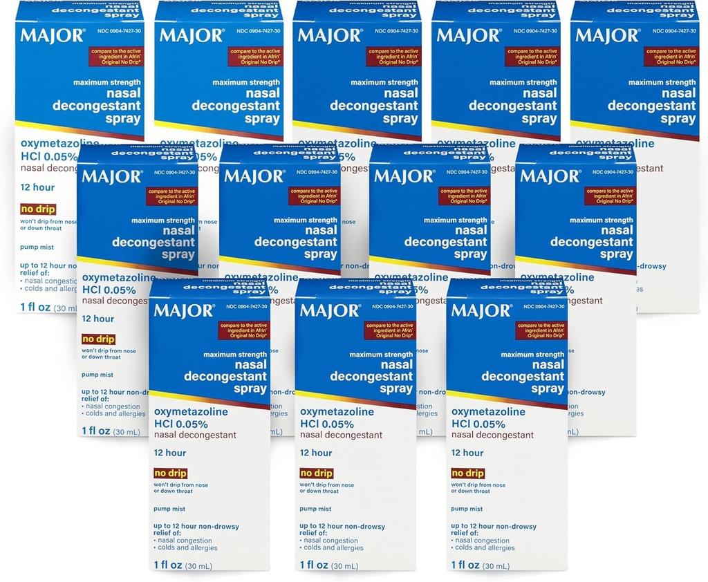 MAJOR Maksimum Güçlü Nasal Decongestant Sprey, Oxymetazoline HCl 0.05% Pump Mist, Non-Drowsy Nasal Mix, Nasal Congestion, Colds ve Allergies 1 Fl. Oz.