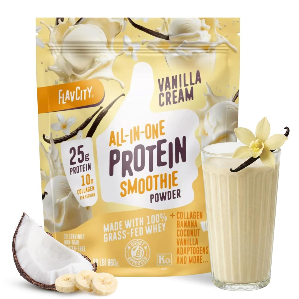 FlavCity Vanilla All in One protein Shake Toz - Go Meal Alternative + Collagen the, Reishi & Cordyceps - Focus, Skin, Hair & Ortak Destek - 100% Grass Fed Whey, 20 Hizmet