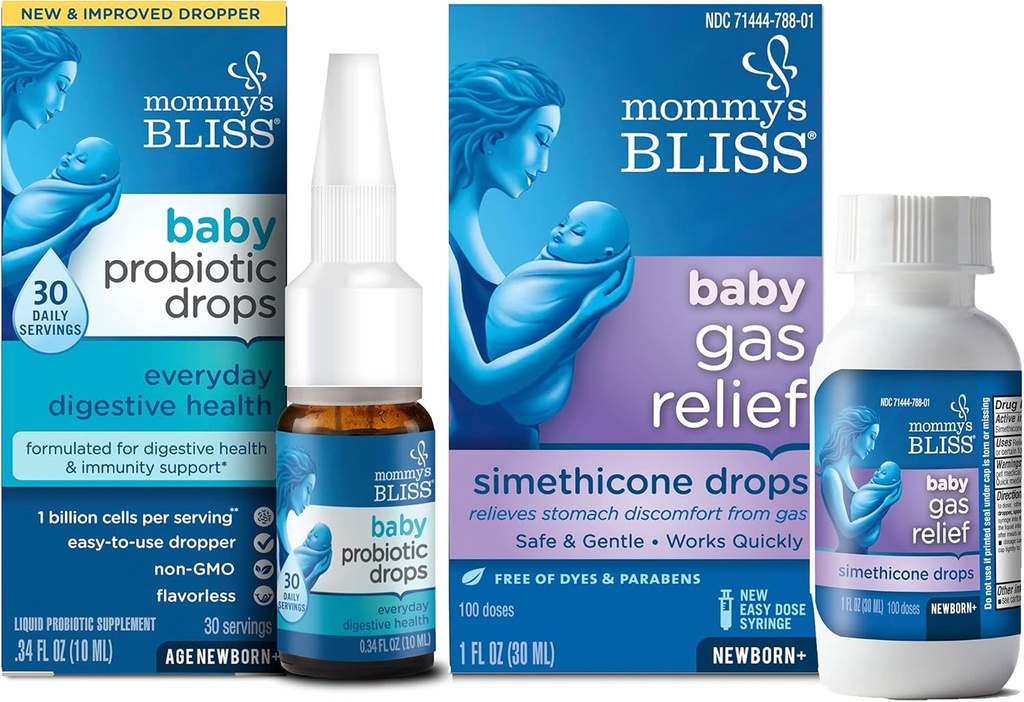 Mommy's Bliss Baby Probiotic Drops Everyday for Digestive and Immunity Health, 30 Servings (Pack of 1) with Fast-Acting Baby Gas Relief Drops 100 Servings (Pack of 1)