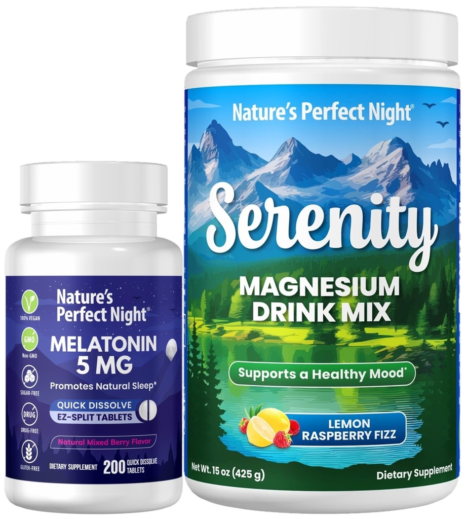 Nature's Perfect Night Melatonin 5 mg Quick Dissolve Karma Berry 200 Count with Serenity Magnezyum Toz 15 oz Lemon Raspberry
