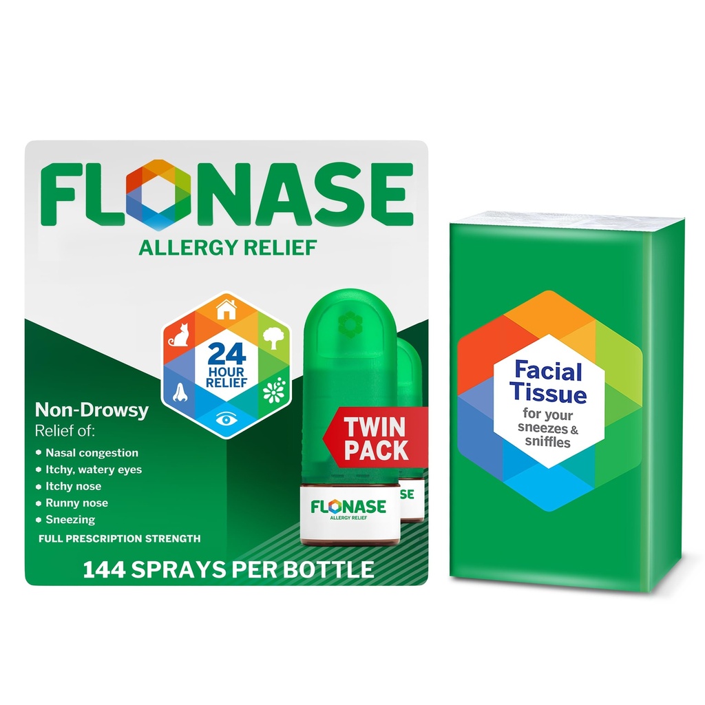 Flonase Antivirüs Relief Nasal Spray, 24 Saat Non-Drowsy Multi-Symptom Relief – 144 Spreys (Pack of 2) artı Bonus Pack of Tounds