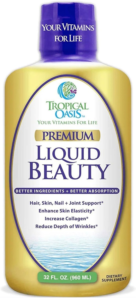 Tropikal Oasis - Sıvı Güzellik | Saç için Tamam, Skin, & Nail Büyüme - Biotin + Hydrolyzed Collagen (32 Hizmet)