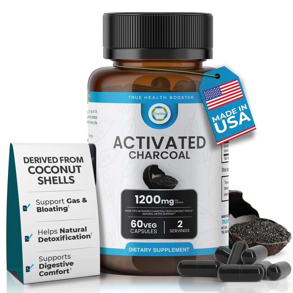 Aktif Charcoal Capsules 1200 MG, 60 Veg Caps, 30 Günlük Premium Detox & Digestive Support, Gas & Bloating Relief, Organic Coconut Shell Charcoal, Gut Health, USA Made.