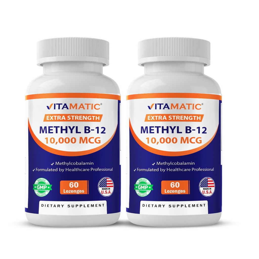 Vitamatic Methyl Vitamin B12 (Methylcobalamin) 10,000 mcg (10mg) 60 Lozenges - Superior Source of Vitamin B12 (2 Pack)