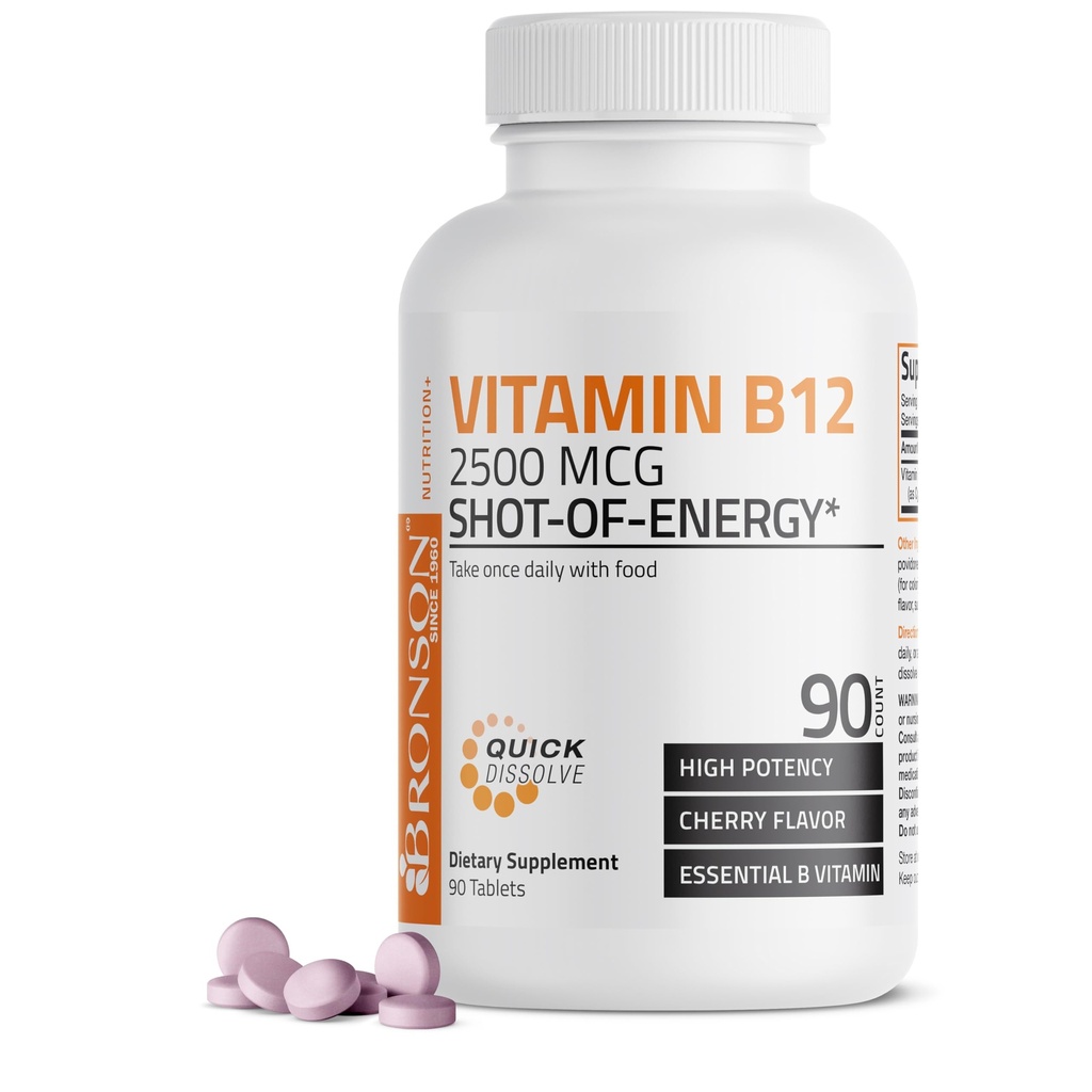 B12 250006 Enerjinin Shot Of Energy Fast Dissolve Chewable Tabletleri - Hızlı Yayın Cherry Flavored Sublingual B12 Vitamini - Destekler Nervous System, Sağlıklı Beyin Fonksiyonlu Enerji Üretimi – 90 Count