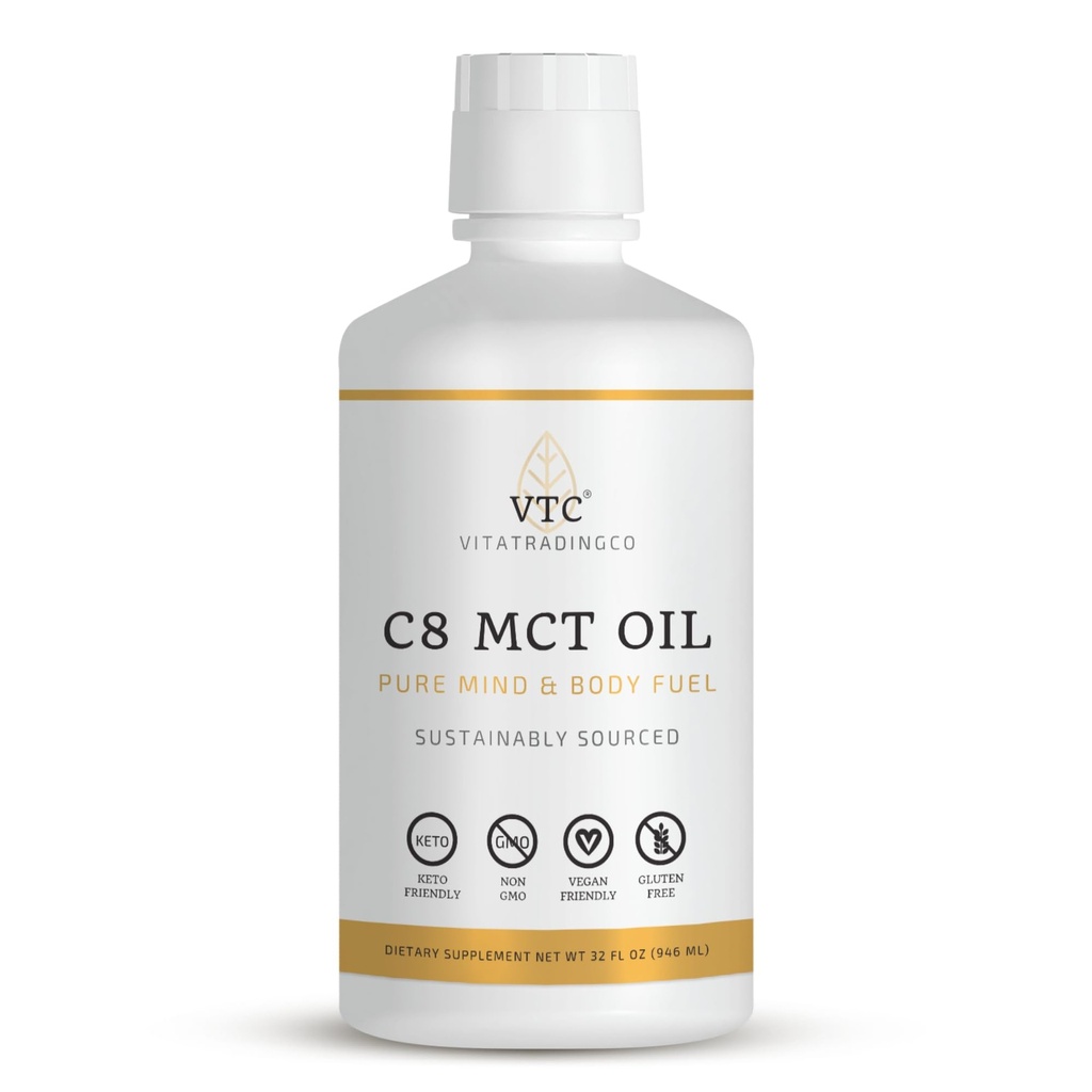 VTC VitaTradingCo. 100% Pure C8 MCT Oil | 3X Distilled Caprylic Acid | Healthy Fat for Clean Energy | Sustainably Sourced | Non-GMO, Paleo, Keto | 32oz, 64 Servings (Unflavored)