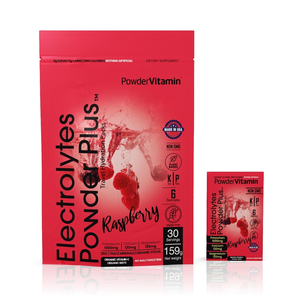 PowerVitamin Electrolytes Toz Paketleri - Raspberry - Daily Energy için Keto Electrolytes - 1000 mg P Properties, 120 mg Magnezyum, Zero Calories - 30 Hydration Packets - Raspberry - 30 Hydration Packets