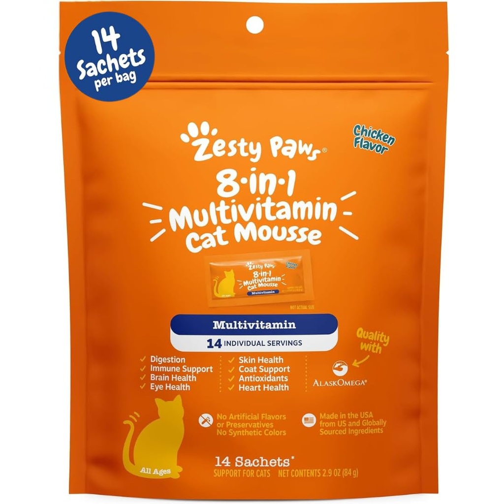 Zesty Paws 8-in-1 Multivitamin Cat Vitamins & Supplements Mousse - Kapalı Kediler için Kedi Vitaminleri - Gut için Sağlıklı Tedavi Squeeze Up, Immune, Heart, Skin & Coat Desteği - Chicken 14ct