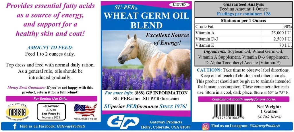 SU-PER Buğday Germ Oil Assembly for Horses - Supports Energy, Endurance, Stamina, Sağlıklı Cilt ve Ön - Temel Şişman Asitler, Vitaminler ve Mineraller - 1 Gallon, 4 Ay Supply