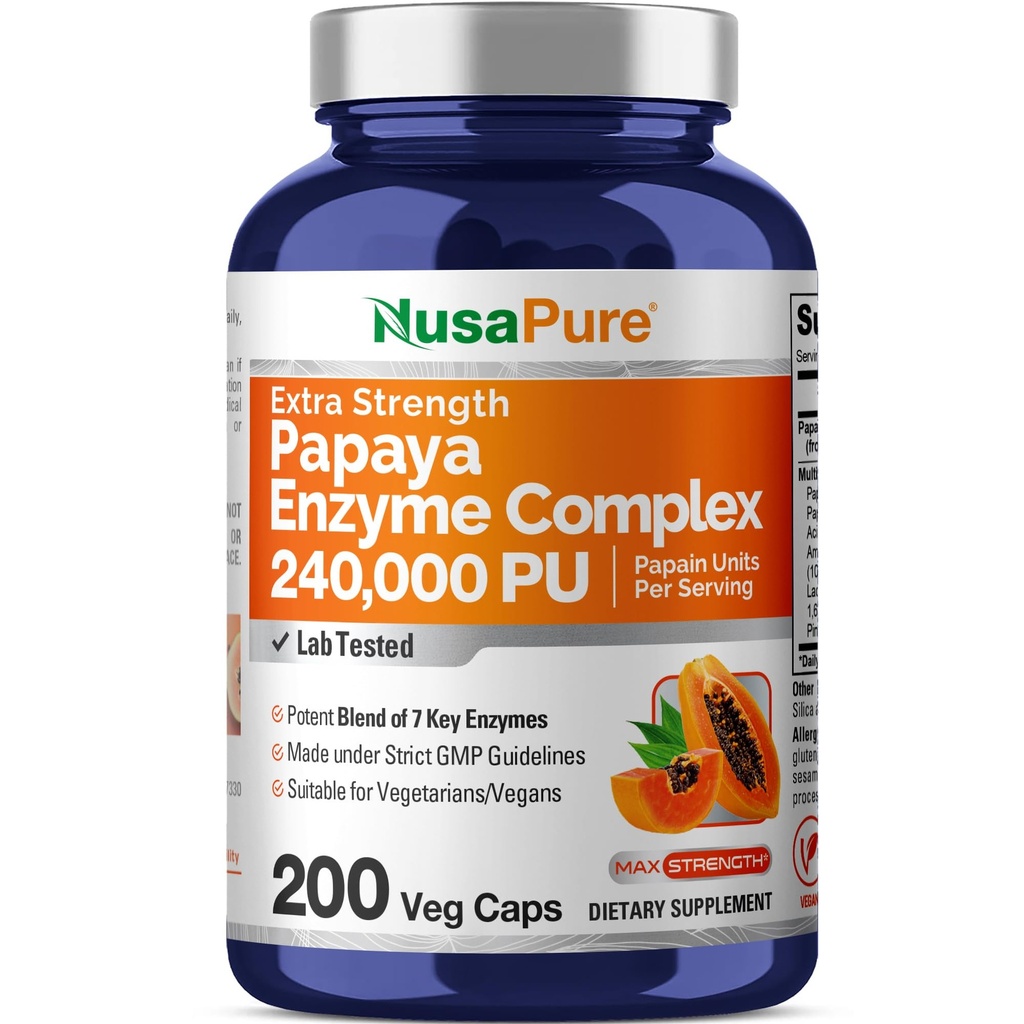 NusaPure Papaya Papain Enzyme Kompleksi 240,000 PU - 200 Veggie Caps - 100% Vegetarian, Non-GMOMO