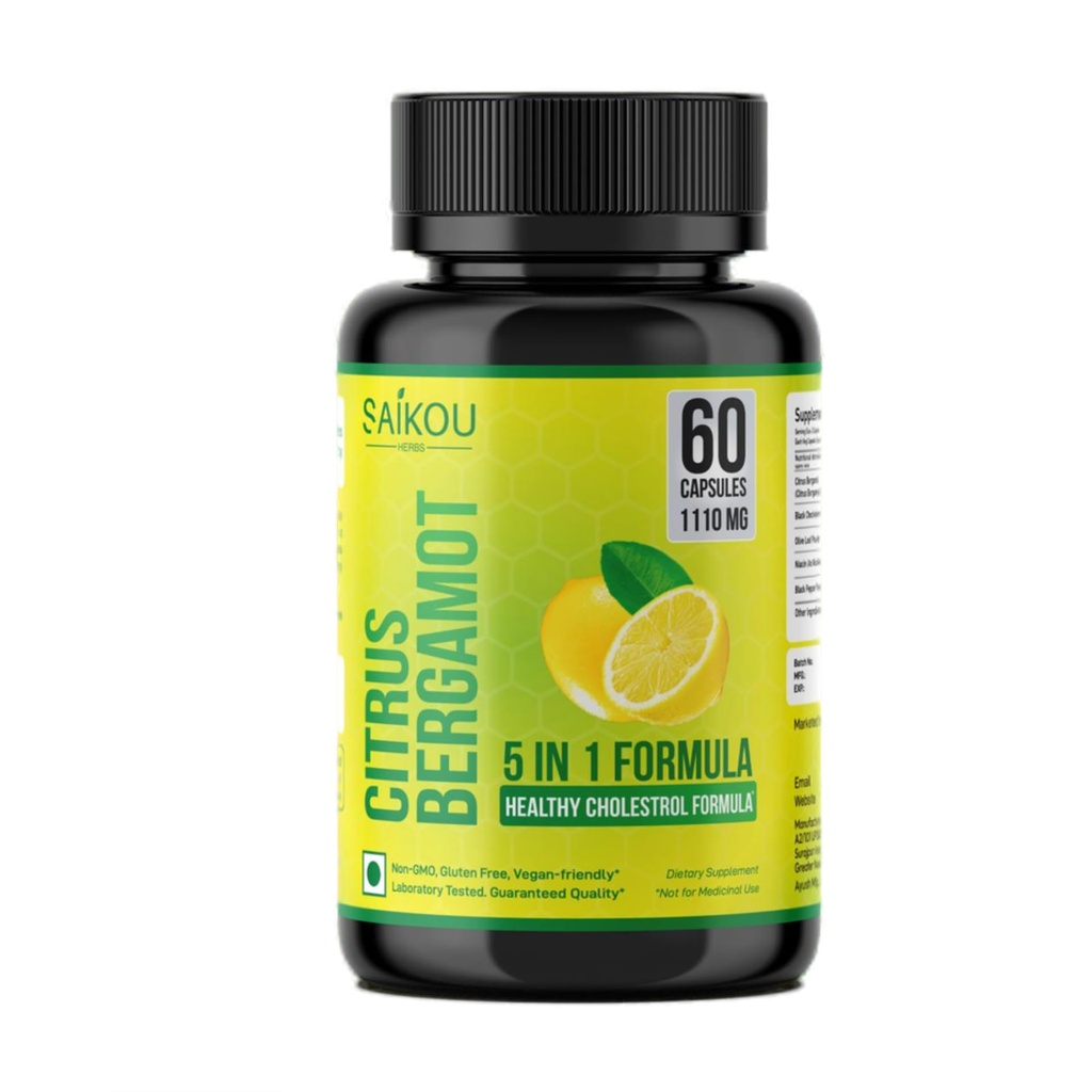 Citrus Bergamot 1110 mg - 25:1 Ekstra Potency Supplement with Black Choke Berry, Niacin, Olive Leaf & Black Pepper Extract - Vegan - 60 Capsules