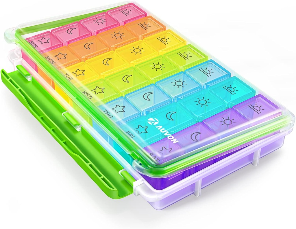 AUVON iMedasist Moisture-Proof Weekly Pill Organizer 4 Times a Day, Great 7 Day Pill Box Case with Portable Design for Travel, Reforce Bireysel konteynerler Vitaminler, Tamamlar, İlaçlar