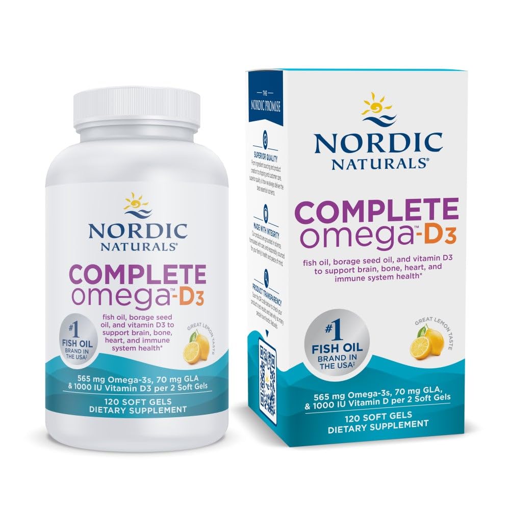 Nordic Naturals Tamam Omega-D3, Limon Flavor - 120 Soft Gels - 565 mg Omega-3 + 70 mg GLA + 1000 IU Vitamin D3 - EPA & DHA - Sağlıklı Skin, Cognition, Pozitif Mood - Non-GMO - 60 Hizmetler