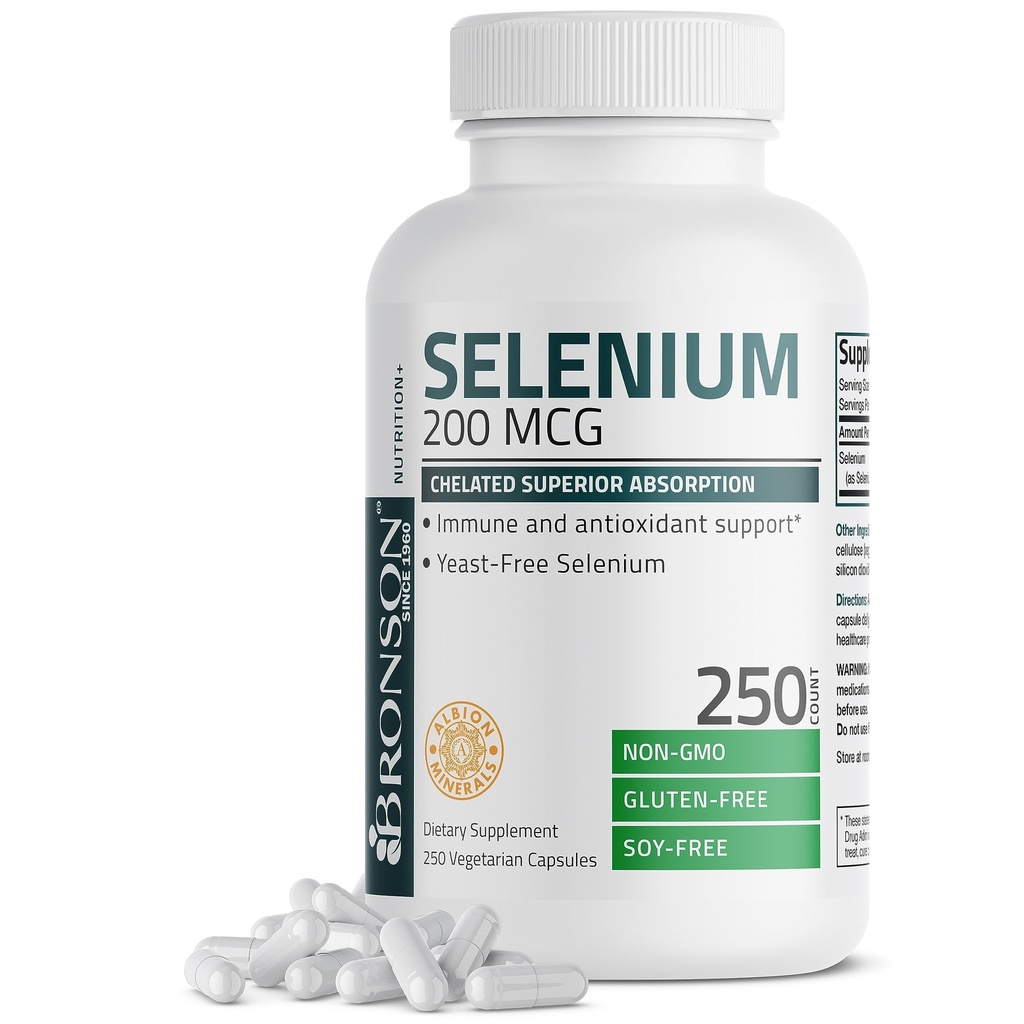 Bronson Selenium 200 mcg – Yeast Free Chelated replica Kompleksi Kompleksi - Temel Trace Minerali, 250 Vejetaryen Capsules