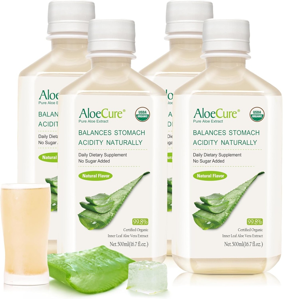 AloeCure USDA Organik Aloe Vera Juice 12 Hrs of Harvest - Pure Aloe Juice Natural Digestive Supplement to Support Digestion, Immune System and Balanced Stomach Acidity, 4 x 500 ml Şişes