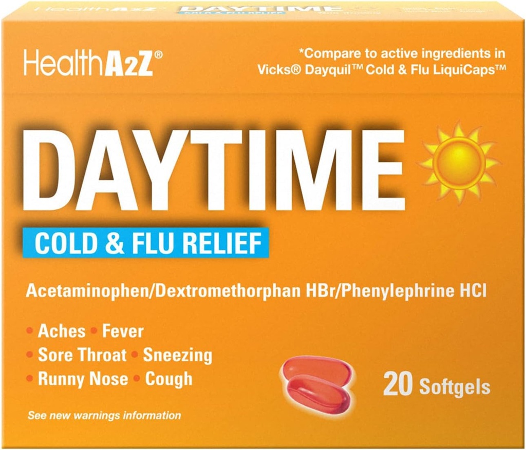 HealthA2Z® Daytime | Cold & Flu Medicine | Güçlü Multi-Symptom Daytime(20 Softgels) (Daytime Cold & Flu Medicine (20 Count Pack of 1))