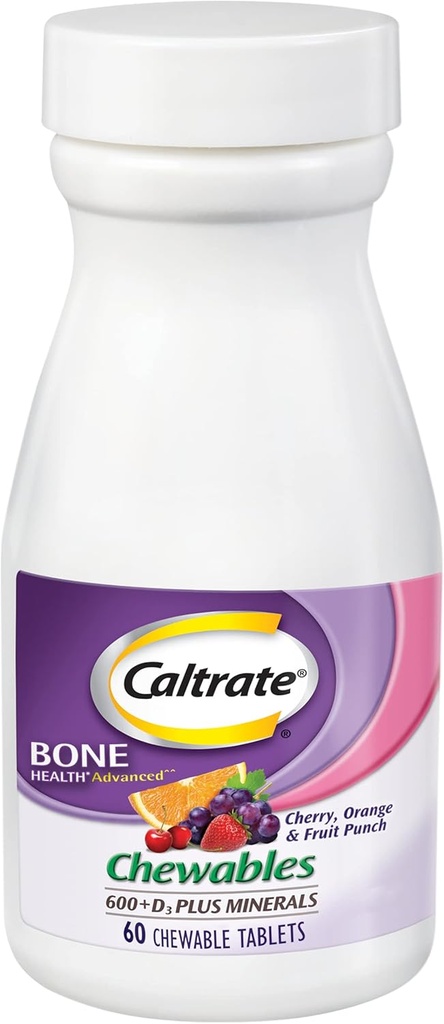 Caltrate Chewables 600 Plus D3 Plus Mineralsul Vitamin D Supplement, Cherry, Orange ve Meyve Zü - 60 Kont