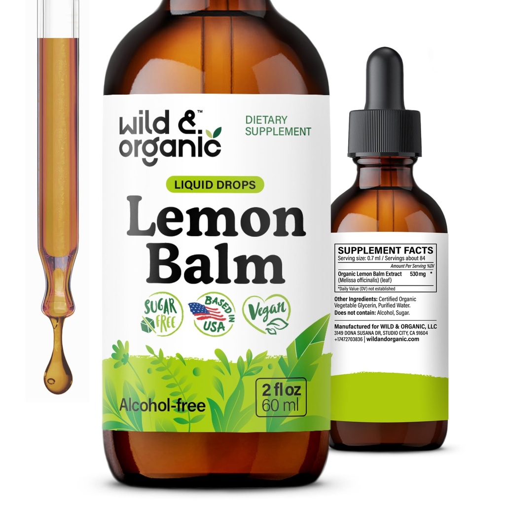 Wild & Organic Lemon Balm Drops - Rahatlamak Limon Balm Leaf Ekstra - Calming Melissa Officinalis Tincture - Vegan, Sugar & Alkol-Free - 2 fl ozz