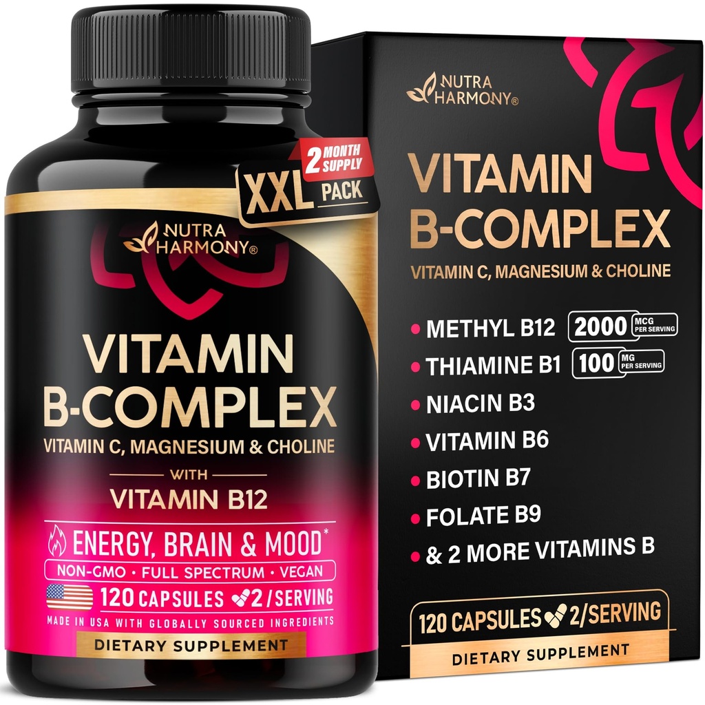 Erkekler ve Kadınlar için B Kompleks - Amerika'da B-Complex: B1, B2, B3, B5, B6, B7, B8, B9, B12 Vitamin C, Choline, Inositol - Enerji, Beyin & Kalp Desteği Tamam, 120 Vegan