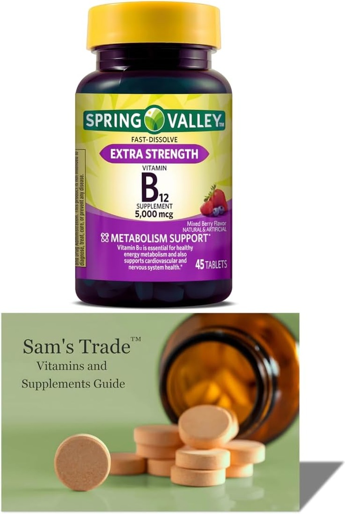 Spring Valley Vitamin B12| Hızlı Dissolve Tabletler Diyetsel Supplement| Vitamin B12 5000 mcg |B Vitaminler |Vitamin B12 Kompleks Kadınlar ve Erkekler için |45 Tabletler / karma Flavor + Sam'in T Vitaminleri