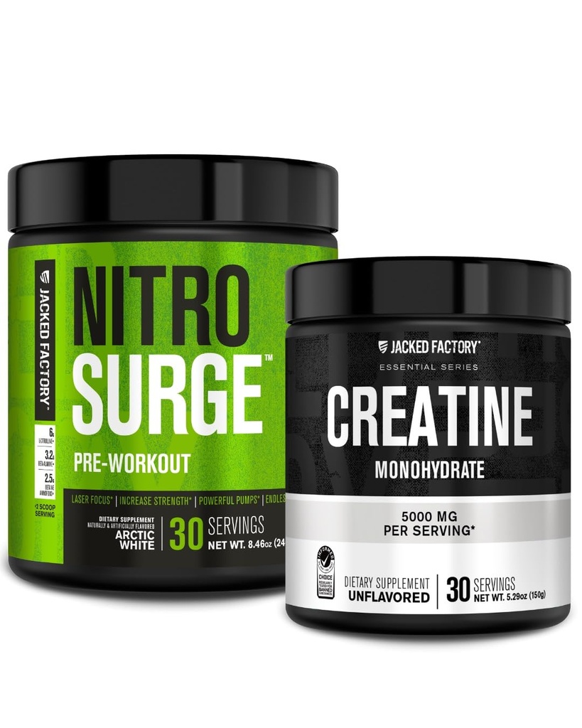Jacked Factory NITROSURGE Pre Workout Supplement (Arctic White) Ctine Monohidrat Toz 150g (Unflavored) Kas Büyümesi, Artan Güç, Geliştirilmiş Enerji