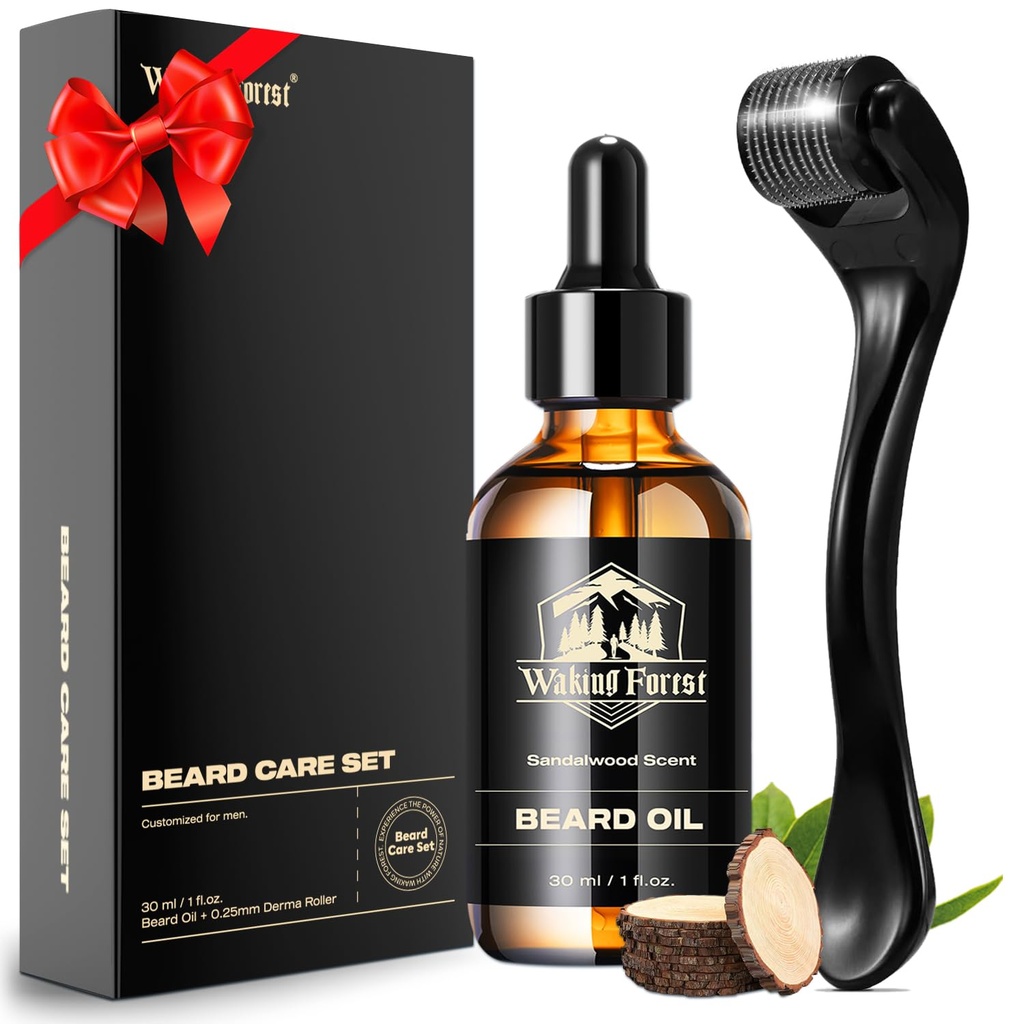Waking Forest Derma Roller 0.25mm & Beard Oil (1oz), Sandalwood Beard Kit, Microneedle Beard Roller 540 Titanyum, Doğal Moisturize with Vitamin E Beard Oil for Men, Fathers Boyfriend Dad Dad