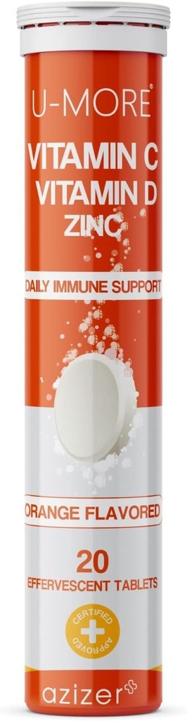 U-MORE Vitamin C 1000mg & Zinc + Vitamin D, 20 Effervescent Tablets, Orange Flavor, Immune Support Supplement, Fast Dissolving, Boosts Immune System, Supports Healthy Skin, Hair, and Nails