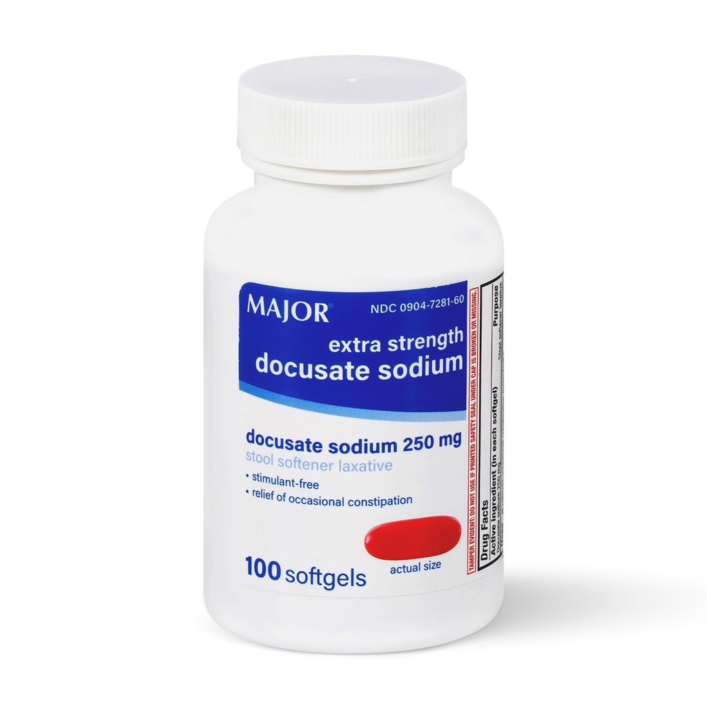 MAJOR Docusate sodyum 250 mg, Ekstra Güçlü Stool Softener Laxative for Occasional Constipation Relief - Stimulant-Free, 100 Softgels (1 Pack)