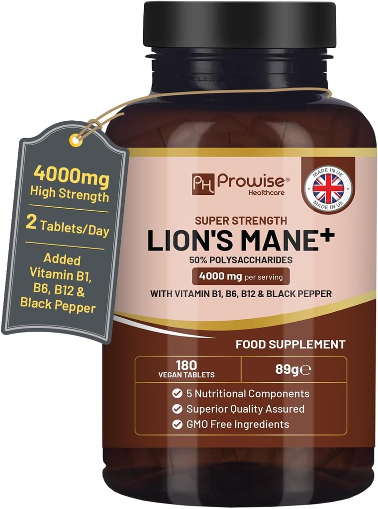 Lions Mane Mushroom Supplement 4000mg with Vitamin B1, B6, B12 & Black Pepper - 180 Super Strength Vegan Tabletleri 50 Polysaccharides (Not Toz veya Capsules) | Made in the UK by Prowise