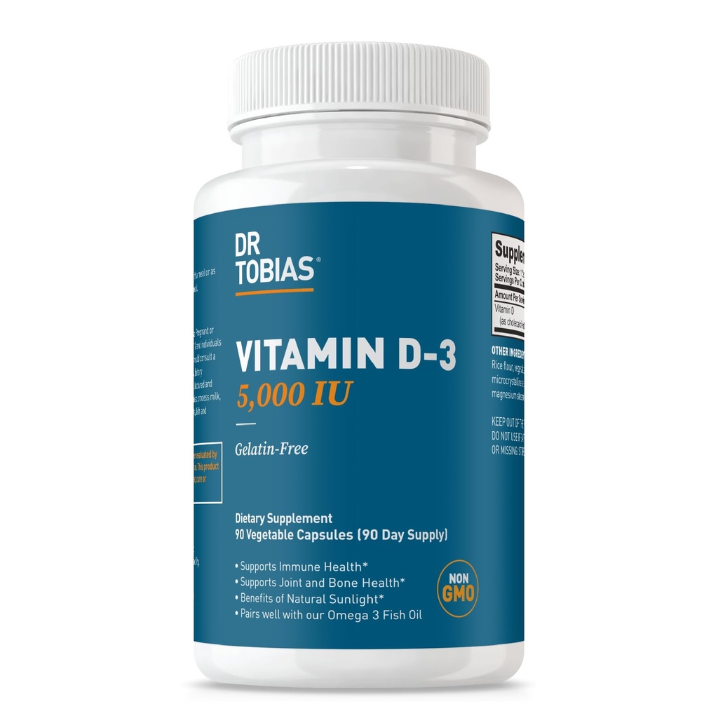 Dr. Tobias Vitamin D3 5000 IU, Sağlıklı Kemikler, Dişler ve Immune System, Ekstra Güçlü D Tamam, Non-GMO, 90 Capsules, 90 Hizmetler