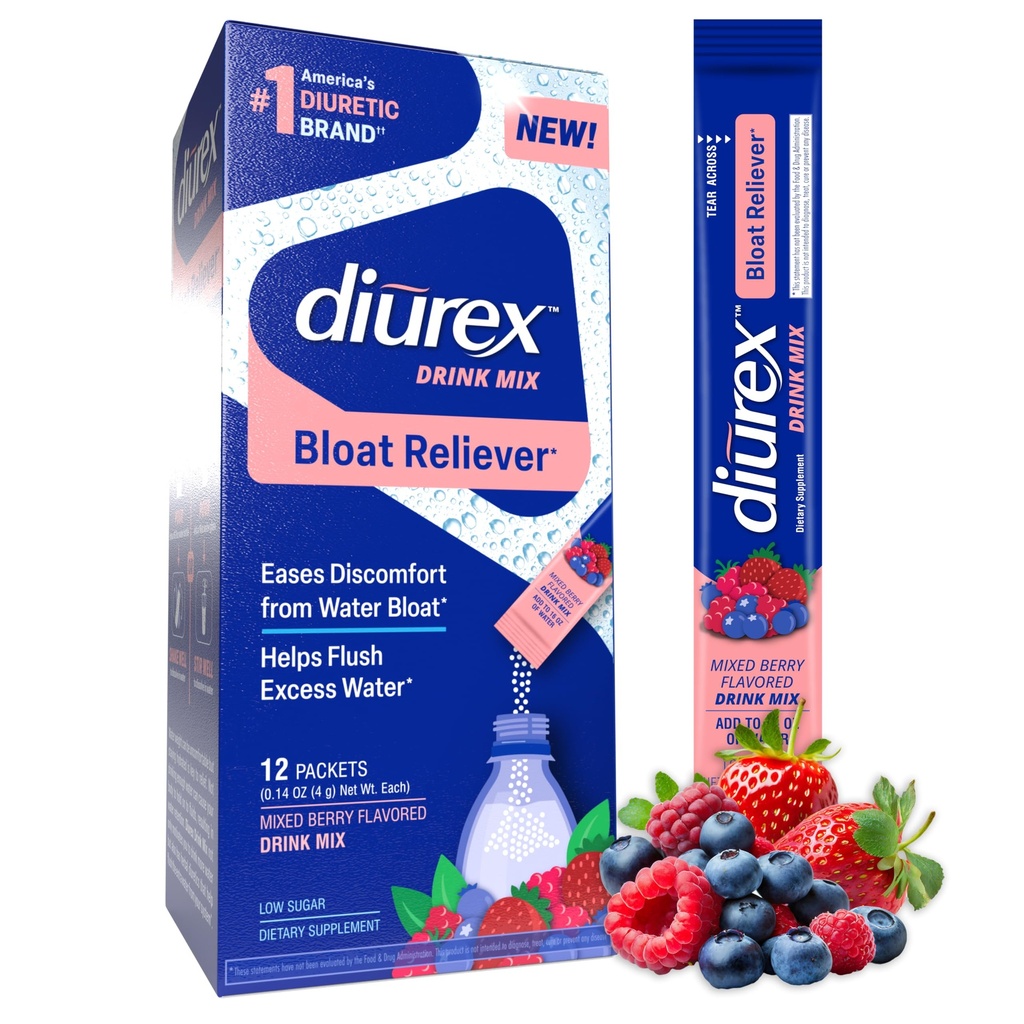 Diurex Drink Mix with Dandelion, Green Tea & ACV Extracts - Mixed Berry Flavor - Diuretic Supplement - Bloat Relief for Water Weight - 12 Single Serve Packets