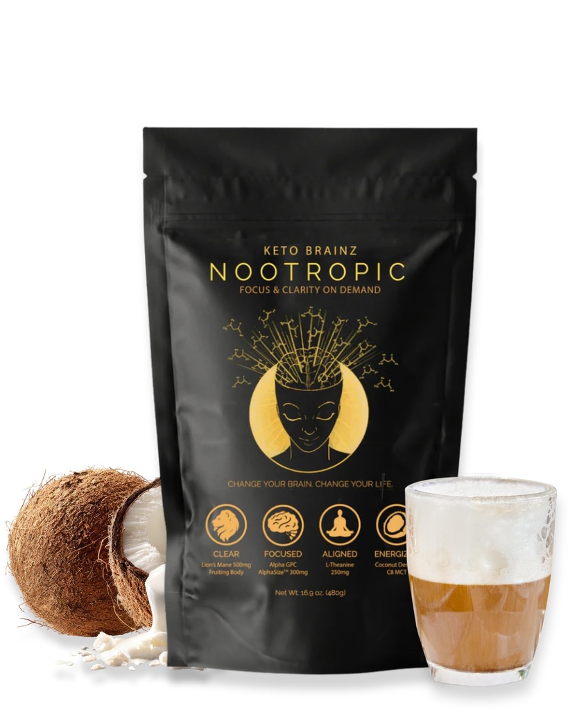 Keto Beyinz C8MCT Temel Nootropic - 500 mg Lion's Mane Mushroom, AlfaGPC & L-Theanine Bu, nootropic Stack kullanımı ve Makes Delicious Mushroom Coffee! 16oz. 30 Hizmet