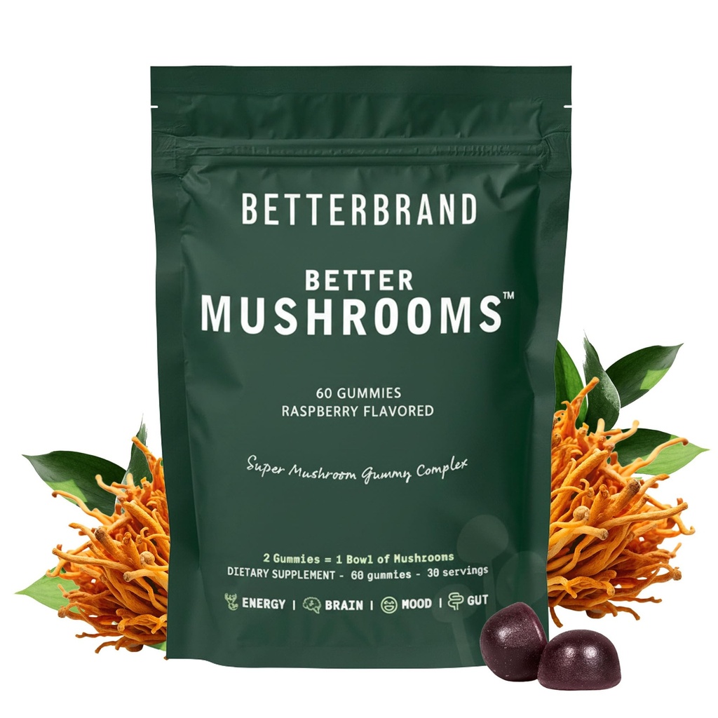Betterbrand BetterMushrooms Nootropic Gummies - Better Gut Health, Cognitive Function, mental Clarity with 10 Fonksiyonel Mushrooms - 60 Gummies - Raspberry Flavor - 1 Paket