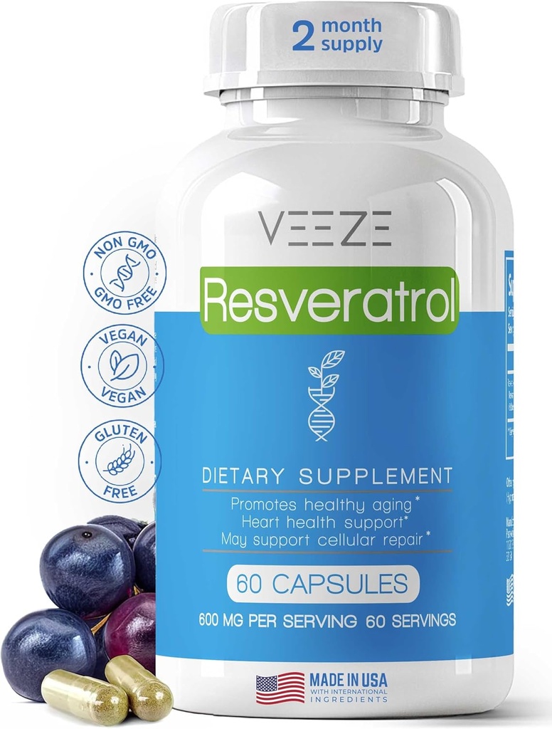 VEEZE Resveratrol Tamam 600 mg 60 Capsules & 60 Hizmet - ABD Doğal & Organik Resveratrol - Antioksit ve Trans Resveratrol Desteği için Zengin - Premium Organik Resveratrol