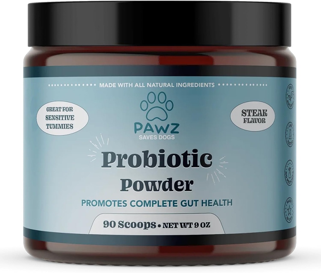 PAWZ Köpekler için Probiyotik Toz - 90 Scoops Steak Flavor - Gut Health ve Digestion - Probiyotiks Supplement Support Immune System & Skin and Coat Health - Tüm Köpekler için Uygun