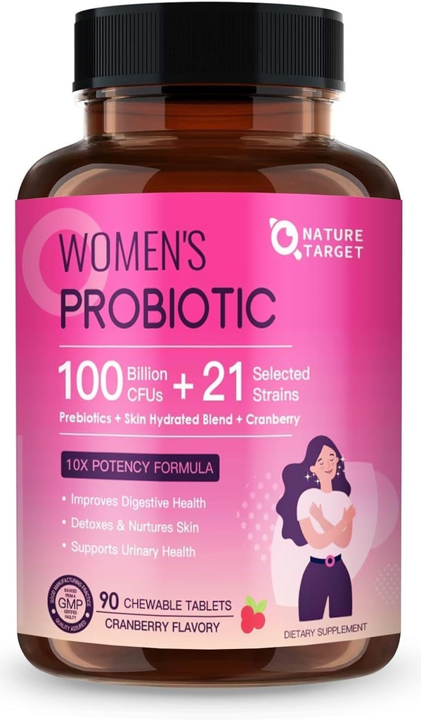 Kadınlar için Sunbiyotikler 100 Milyar CFU'lar, Kadınlar Gut Health & Immune Support, Skin Care, Cranberry & D-mannose ile, 90 Chewable Tabletler (45 Gün Supply)
