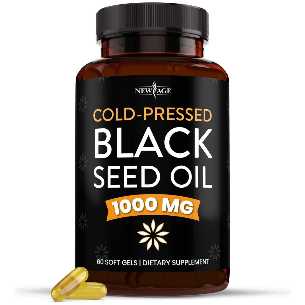 NEW AGE Black Seed Oil Softgel Capsules - Premium Cold-Pressed Nigella Sativa Saf Black Cumin Tohum Yağı - Non-GMO & Vegetarian (60 Softgels)