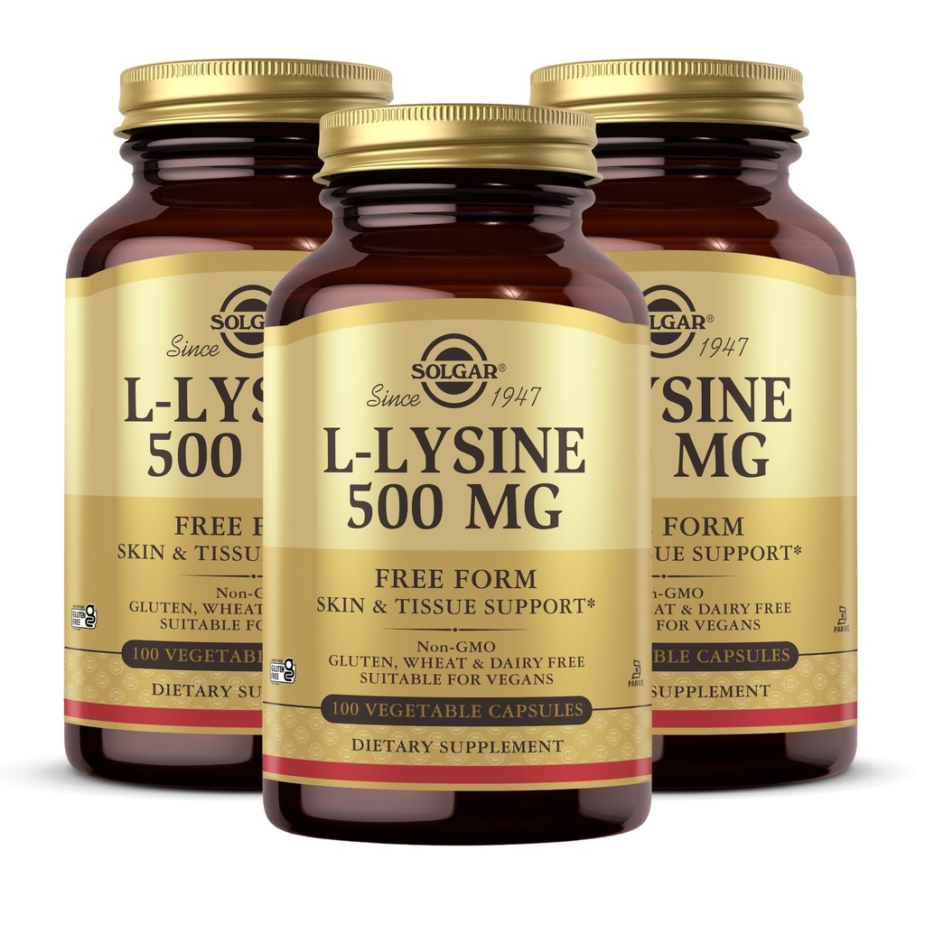 Solgar L-Lysine 500 mg - 100 Sebze Kapsülleri, 3 Paket - Skin & Tound Support - Non-GMO, Vegan, Kosher, Gluten Free - 300 Toplam Hizmetler