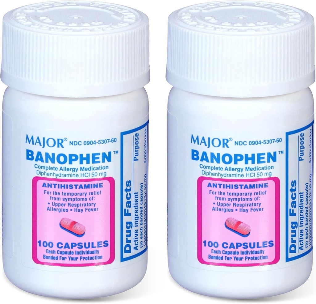 MAJOR Banohpen - Tamam Alerji ilaçları - Diphenhydramine HCI 50 mg - Antihistamin - 100 Capsules (2 Pack)