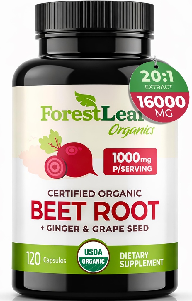 OrmanLeaf Organik Arıt Kök Kapsülleri - Arıtroot Tamam 16000mg Güçlü 20:1 Pills w/Ginger Grape Tohumu | Destek Kan basıncı, Nitrik Çimento, Akış, Circulation | Beets Toz - 120 Caps