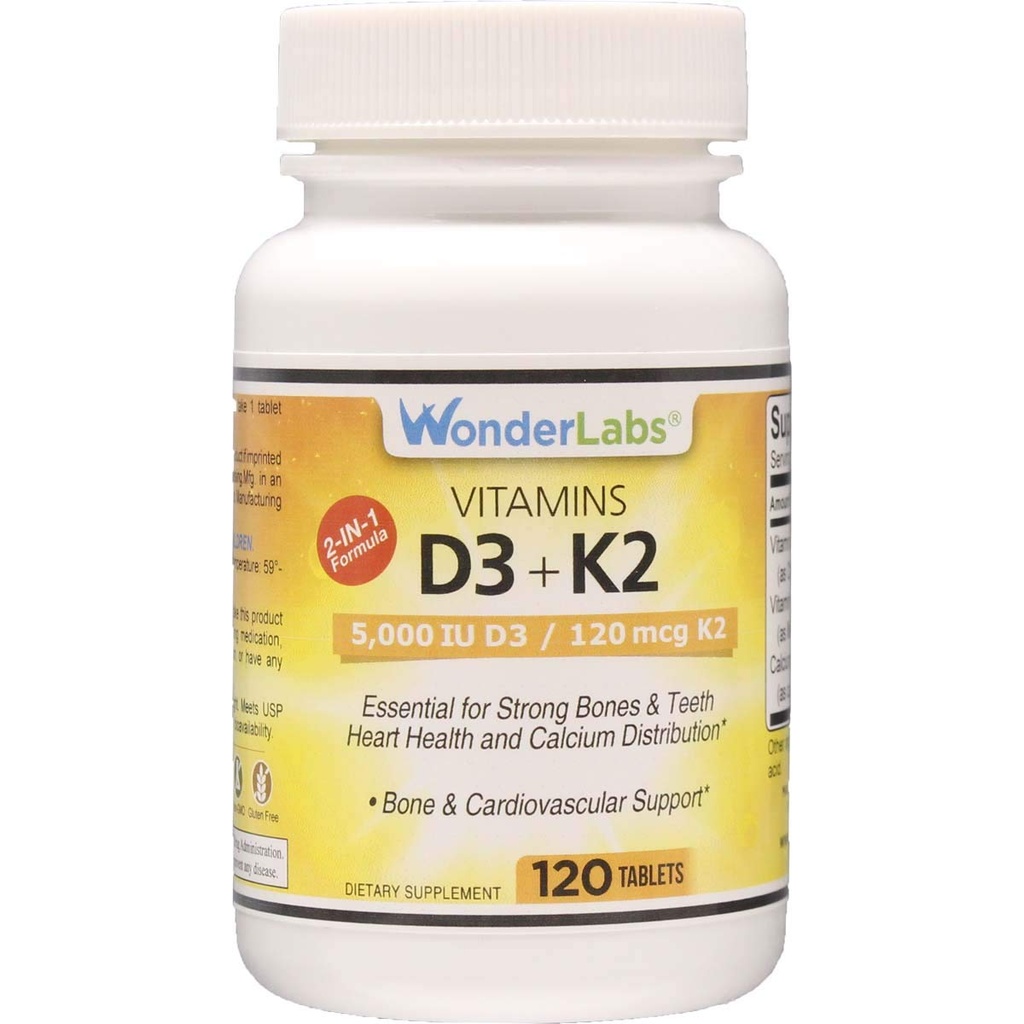 Wonder Laboratories D 5.000 IU, Vitamin D3 + K2 Sağlıklı Immune Sistemi, Güçlü Kemikler, Kalp Sağlığı ve Gıda Dağıtımı, 120 Tablet