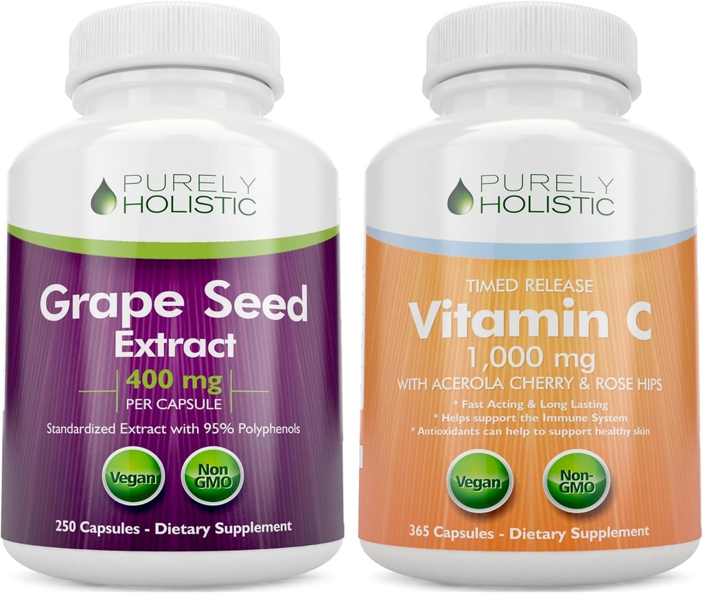 Safly Holistic Grape Tohumlama 400 mg + C 1000 mg Zaman Yayını - 615 Vegan Capsules - ABD'de Made in USA