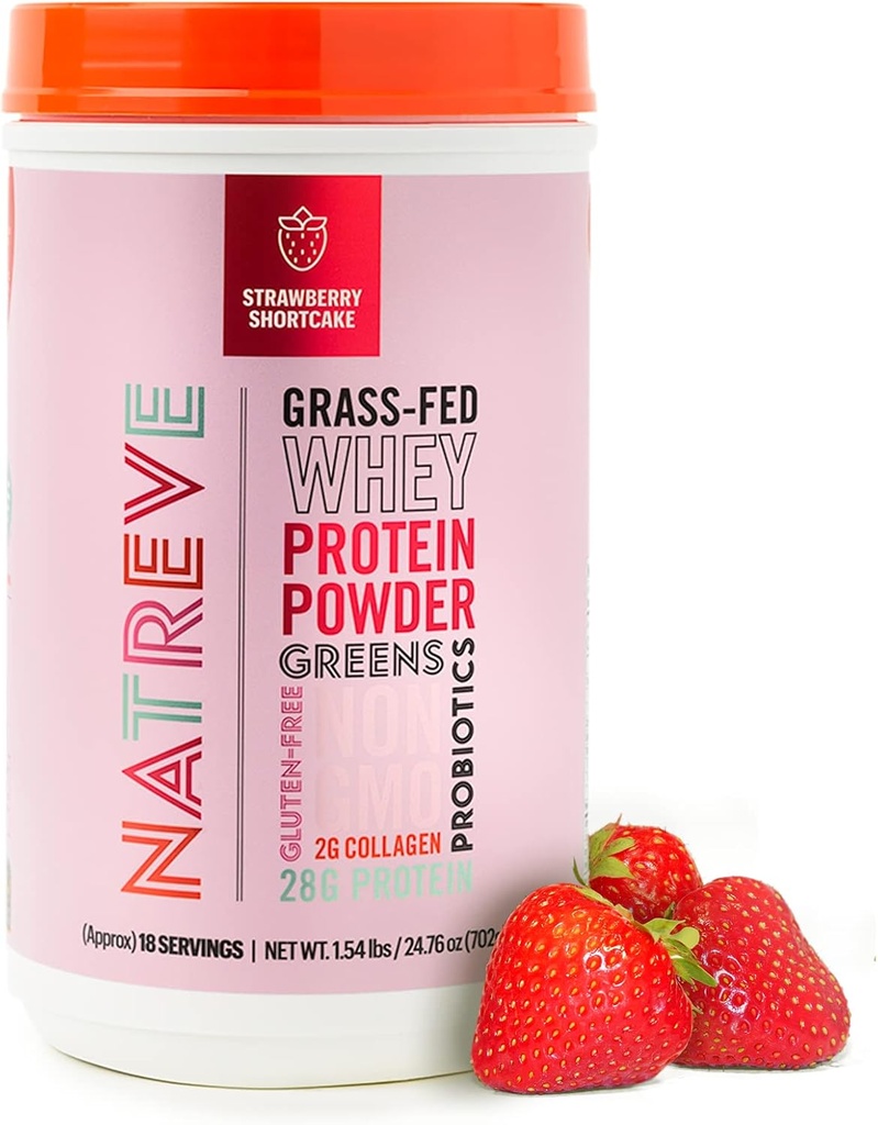 Natreve Whey Protein Tozu - 28g Grass-Fed Whey proteini, Probiyotikler ve Collagen - Gluten Free Strawberry Shortcake, 18 Hizmetler