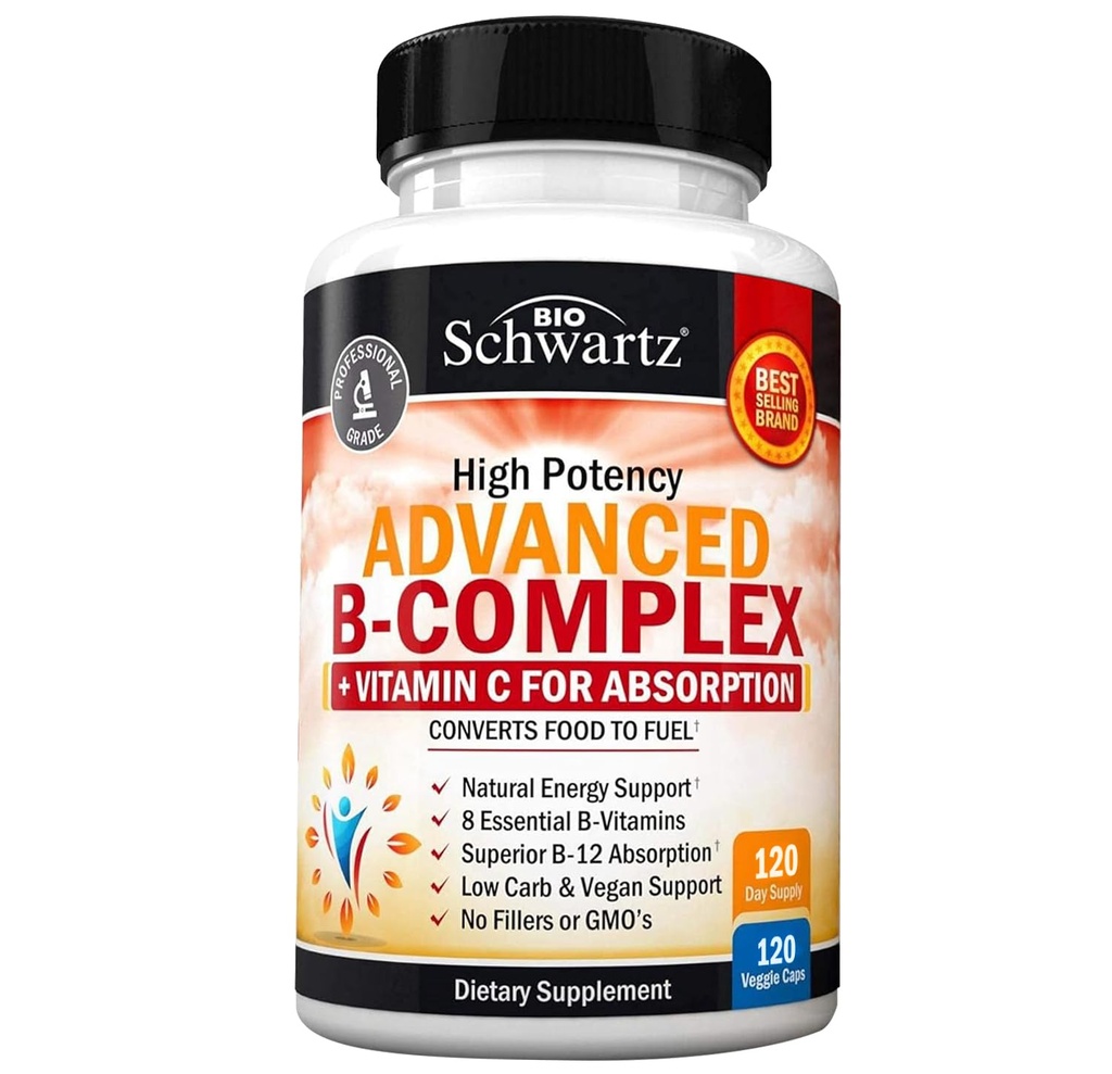 Vitamin C ile B Kompleksi En Az Apsiyon - Mecobalamin b12 & Folate Folic Asit Supplement - B1 B2 B3 B5 B6 B7 B9 Immune Energy & Nervous System Support - Non-GMO, 120 sayı