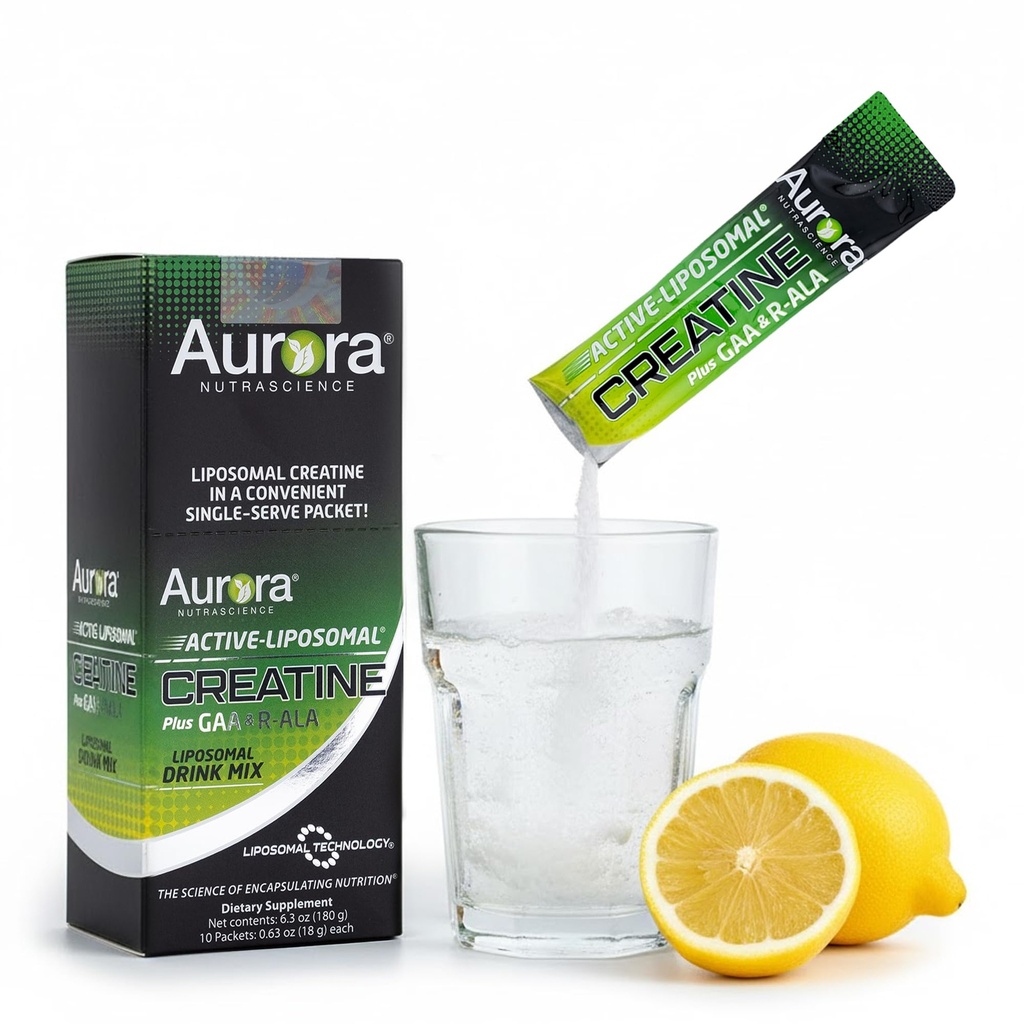 Aurora Nutrascience Liposomal Kretine + GAA & R-ALA Lemon Lime Toz İçecek Mix, Artan Enerji, Wowen ve Erkekler için Egzersiz Performans ve Kas Büyüme, 10 Paketler