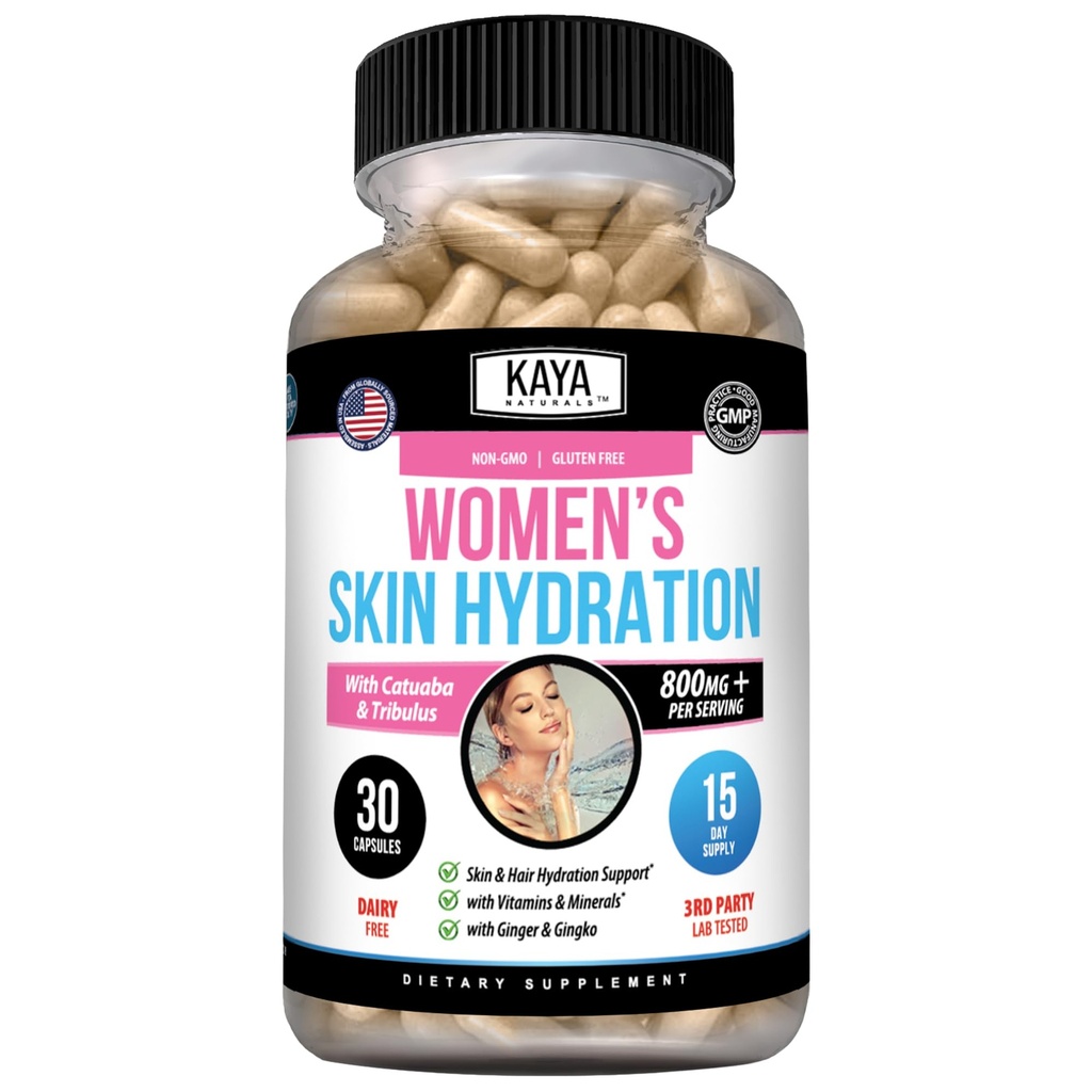 Kaya Naturals Skin Hydration Vitamins - Kadın Pilleri - Skin Geliştirilmiş Capsules - Kadınlar için Hydration ATM - Artan Enerji, Mood & Stamina - Kuruness - 30 Veggie Capsules