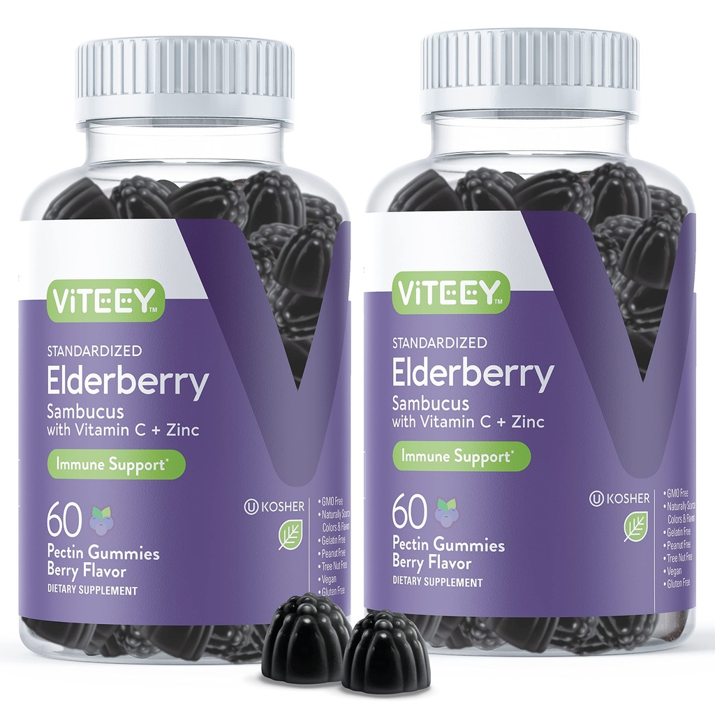 Yetişkinler için Viteey Sambucus Elderberry Gummies - Yaşlı Vitamin C ve çinko Immunity Gummies - Vegan, Gluten-Free - 120
