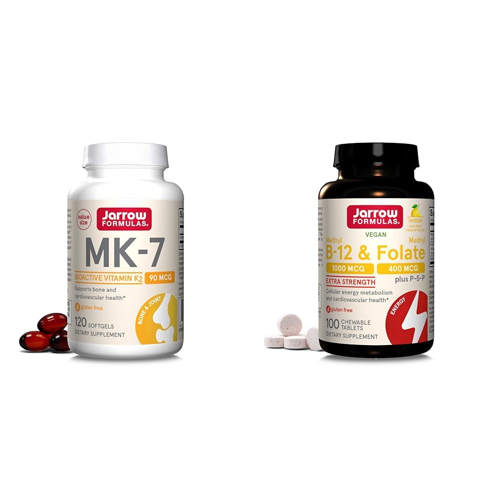 Jarrow Formulas MK7, Bone Health, 90 mcg, 120 Softgels & Ekstra Güçlü Me-12 1000 mcg & Metil Folate 400 mcg + P-5-P, Diyetary