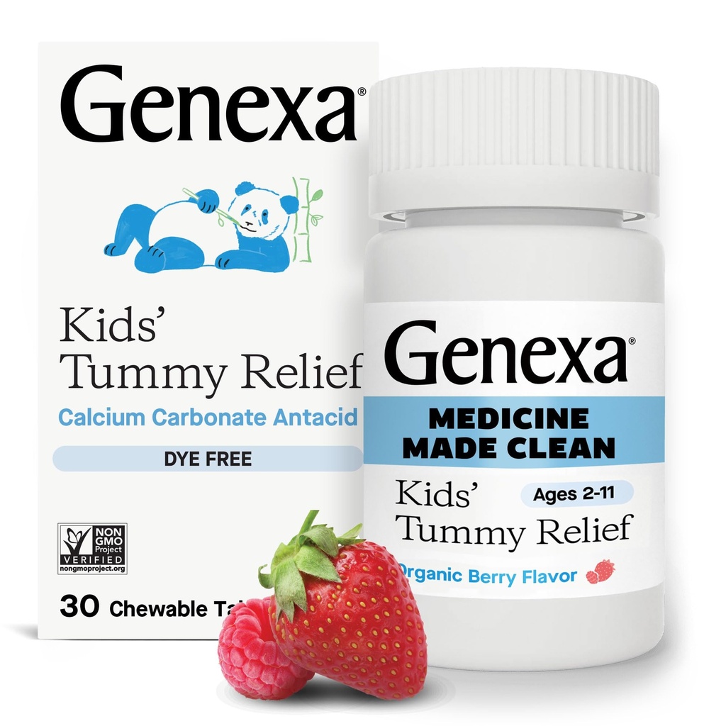 Genxa Kids' Clean Dye Free Tummy Relief | Heartburn, Acid Indigestion, Sour Stomach Chewable Antacid | 0% Yapay Katkılar, Çocuk Kalsiyum Karbonat, Organik Berry Flavor, 30ct