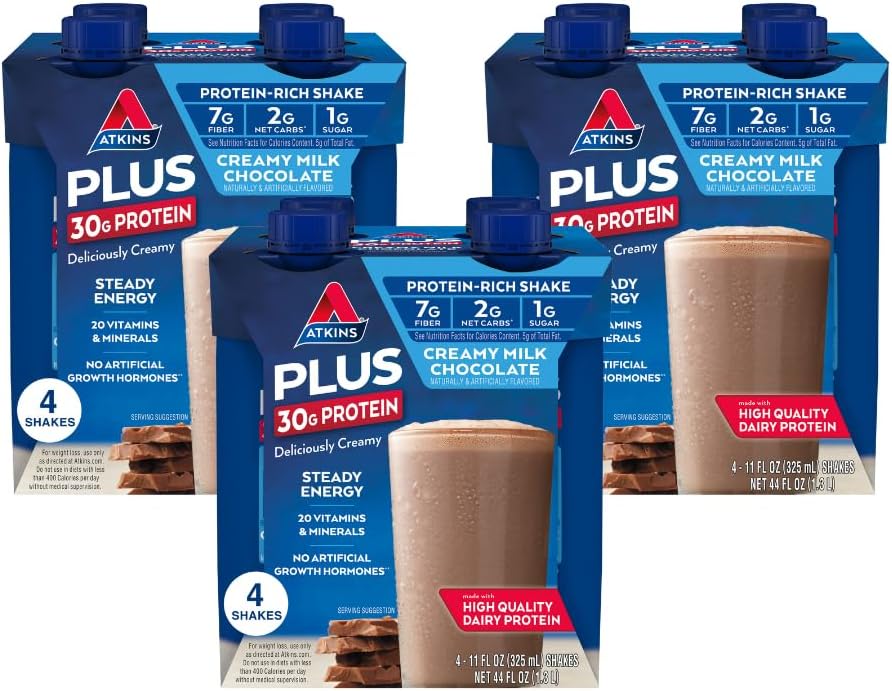 Atkins Creamy Milk Chocolate PLUS Protein Shake, 30g protein, 7g Fiber, 2g Net Carb, 1g Sugar, Keto Friendly, Low Carb, Yüksek Protein İç, 12 Kont